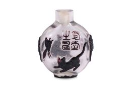 AN INSCRIBED PURPLE OVERLAY GLASS SNUFF BOTTLE
