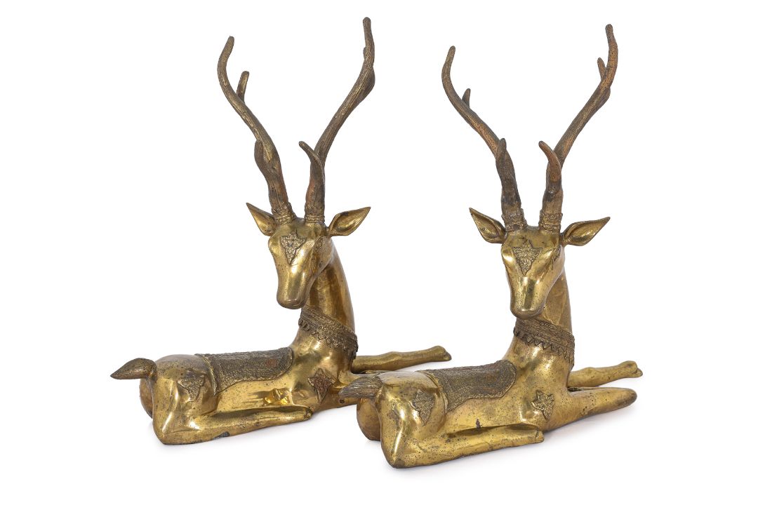 A PAIR OF LARGE BRASS STAG FIGURES - Image 1 of 3