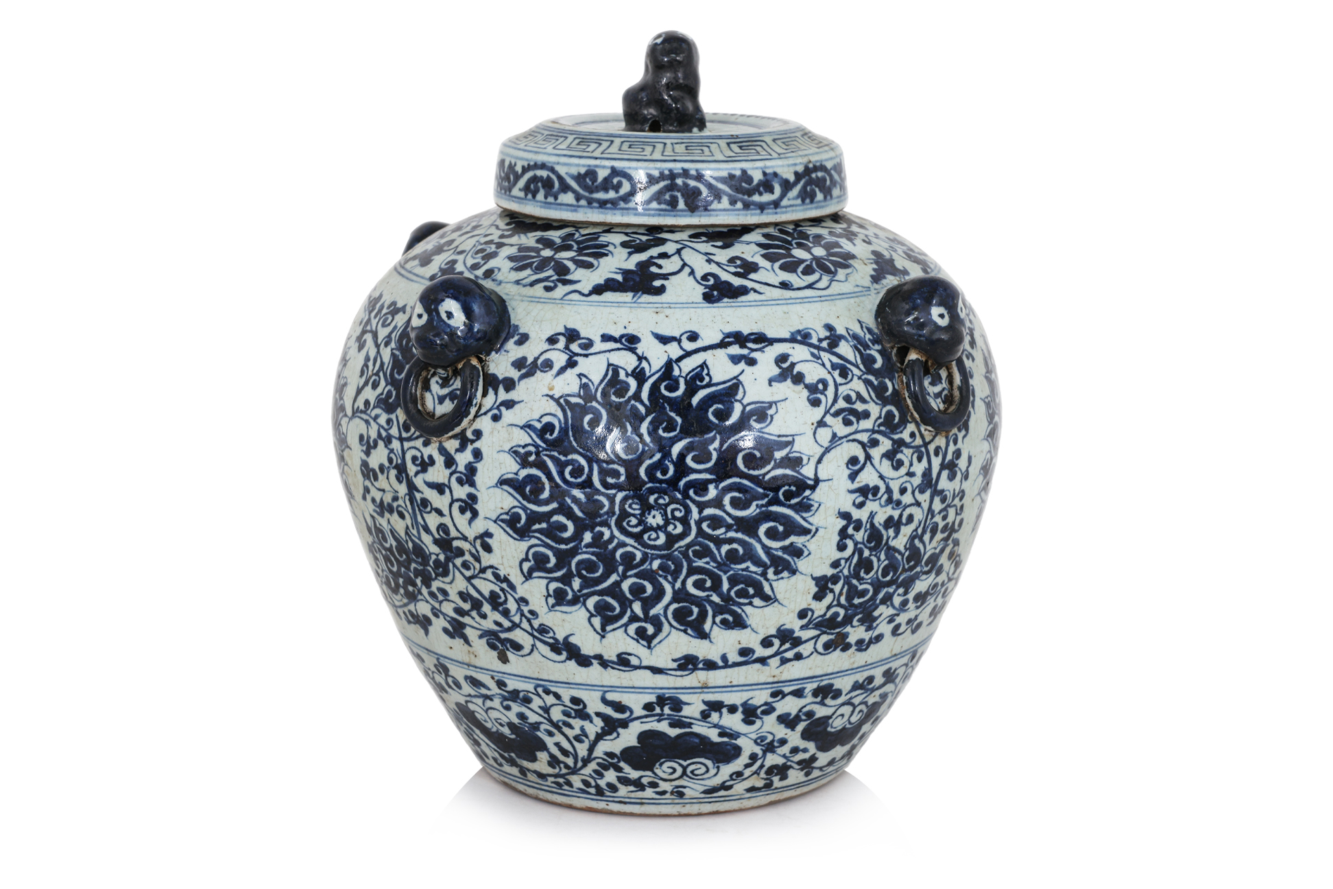 A LARGE BLUE AND WHITE JAR AND COVER