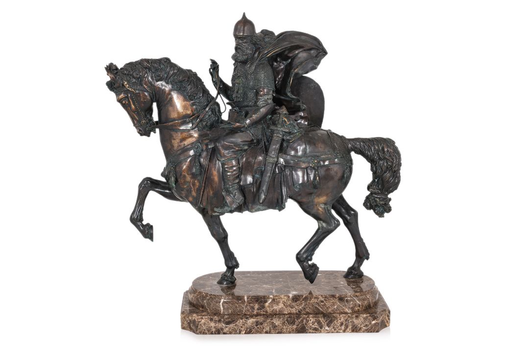 A LARGE BRONZE MODEL OF A SLAVIC KNIGHT ON HORSEBACK - Image 1 of 4