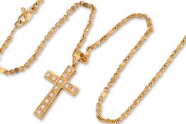 A HIGH KARAT GOLD DIAMOND 'CROSS' PENDANT ON A HIGH KARAT GOLD CHAIN