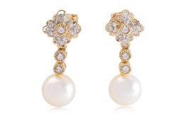 A PAIR OF AKOYA CULTURED PEARL AND DIAMOND EARRINGS