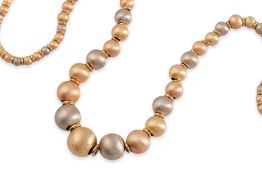 AN ITALIAN TRI-COLOUR TEXTURED GOLD BEAD NECKLACE