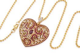 A RUBY AND DIAMOND 'HEART' LOCKET ON A HIGH KARAT GOLD CHAIN