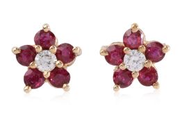 A PAIR OF RUBY AND DIAMOND 'FLOWER CLUSTER' STUD EARRINGS