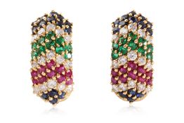 A PAIR OF RUBY, SAPPHIRE, EMERALD AND DIAMOND EARRINGS