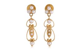 A PAIR OF CULTURED SEED PEARL AND HIGH KARAT GOLD EARRINGS