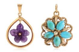 A TURQUOISE PENDANT AND AN AMETHYST PENDANT
