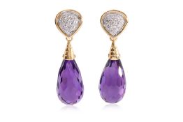 A PAIR OF AMETHYST AND DIAMOND EARRINGS