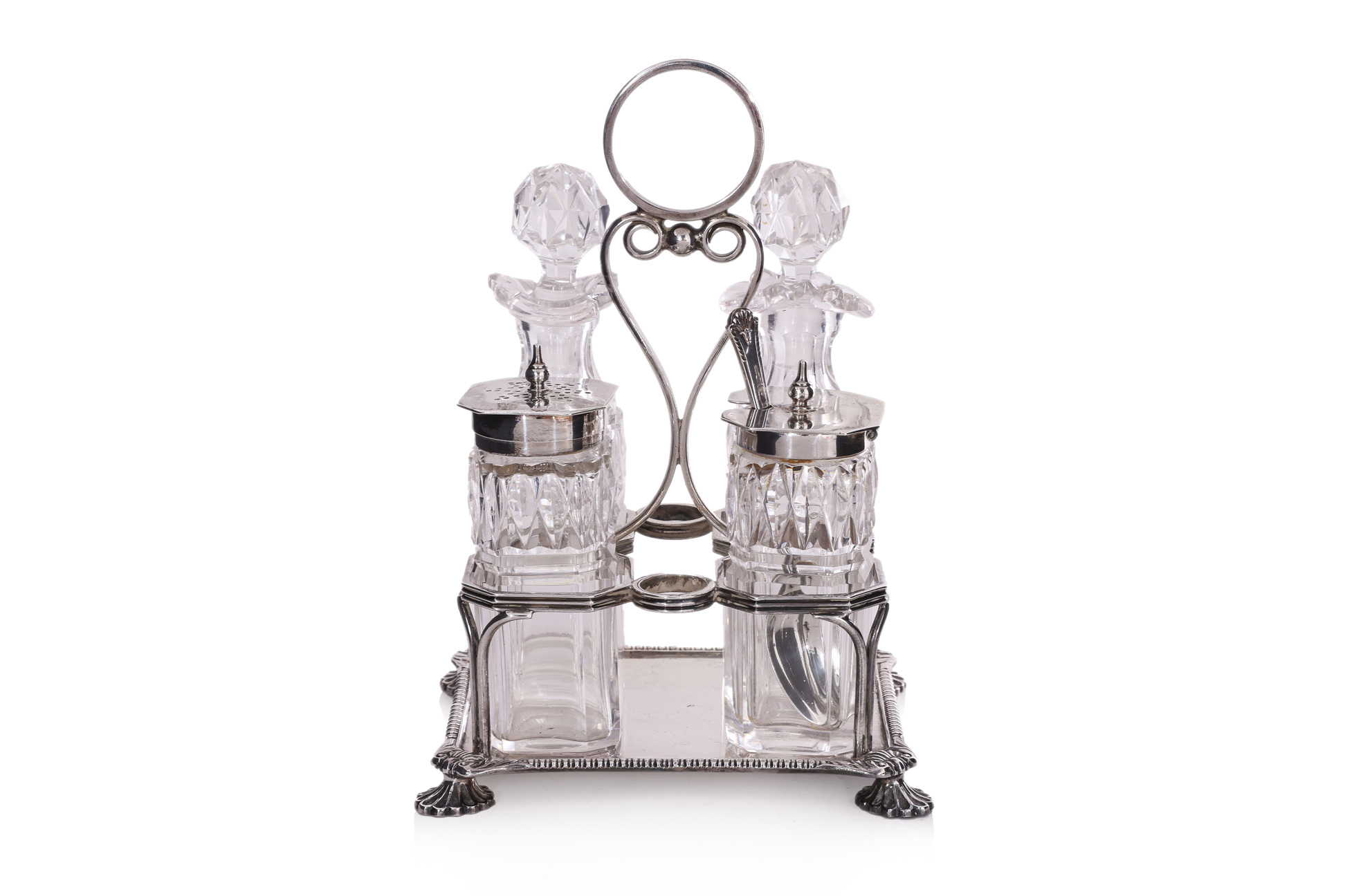 A LATE VICTORIAN ENGLISH SILVER AND CUT GLASS CRUET SET