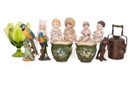 A GROUP OF BISQUE PORCELAIN BABIES AND OTHER OBJECTS