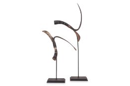 TWO SOUTHEAST ASIAN HORN AND METAL RICE CUTTERS