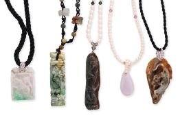 A GROUP OF FIVE JADEITE NECKLACES (2)