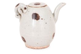 A PALE BLUE GLAZED WATER DROPPER AND COVER
