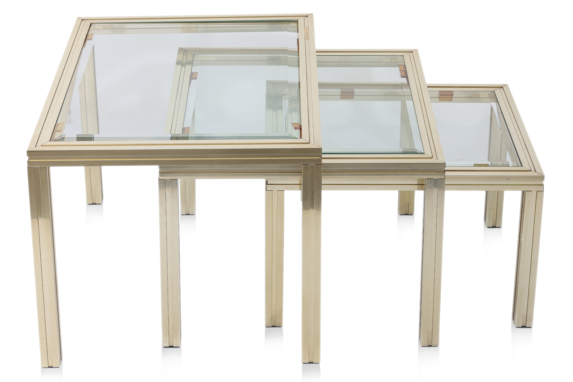 A NEST OF THREE BRASS AND GLASS SIDE TABLES BY PIERRE VANDEL - Image 2 of 3