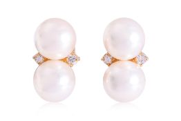 A PAIR OF AKOYA CULTURED PEARL AND DIAMOND STUD EARRINGS