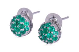 A PAIR OF EMERALD AND DIAMOND 'CLUSTER' EARRINGS