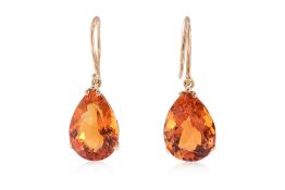 A PAIR OF CITRINE AND DIAMOND HOOP EARRINGS