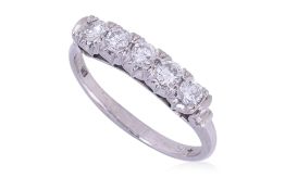 A FIVE STONE DIAMOND PLATINUM RING