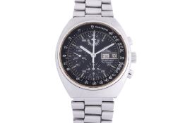 AN OMEGA SPEEDMASTER AUTOMATIC CHRONOGRAPH STAINLESS STEEL BRACELET WATCH