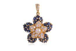 A HIGH KARAT GOLD SAPPHIRE AND DIAMOND 'FLOWER' PENDANT