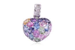 A MULTI-COLOURED SAPPHIRE AND DIAMOND 'HEART' PENDANT