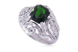 A CHROME DIOPSIDE AND DIAMOND RING
