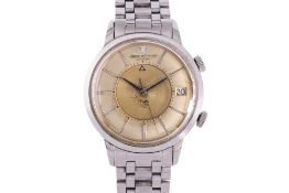 A JAEGER LE COULTRE MEMOVEX AUTOMATIC ALARM STAINLESS STEEL BRACELET WATCH