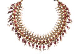 AN INDIAN RUBY, DIAMOND AND PEARL CHOKER