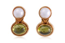 A PAIR OF CULTURED PEARL AND PERIDOT CLIP ON EARRINGS