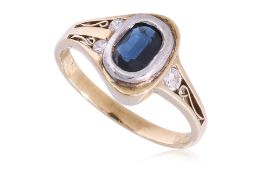 A SAPPHIRE AND DIAMOND TWO TONE RING