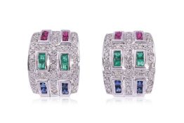 A PAIR OF MULTI-COLOURED GEMSTONES AND DIAMOND EARRINGS