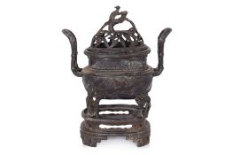 A LARGE BRONZE BAMBOO DECORATED CENSER, WITH COVER AND STAND