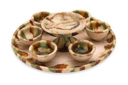 A SANCAI WARE SET OF CUPS WITH TRAY AND FOOTED DISH