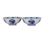 A PAIR OF BLUE AND WHITE CRANE MEDALLION PORCELAIN BOWLS