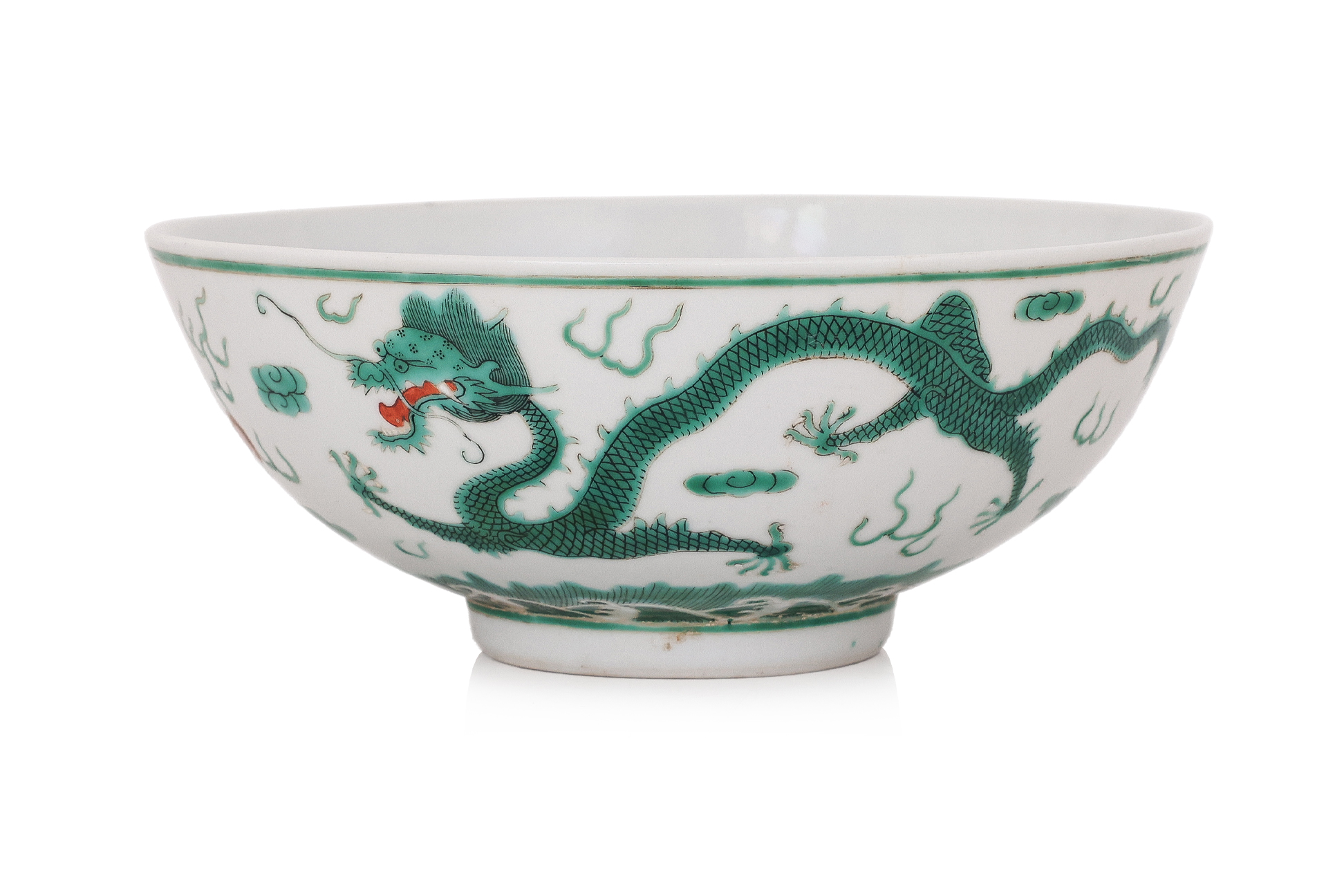 A GREEN ENAMELLED PORCELAIN DRAGON BOWL