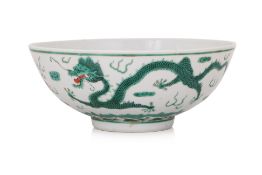 A GREEN ENAMELLED PORCELAIN DRAGON BOWL