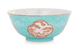 AN IRON RED DECORATED TURQUOISE GROUND BOWL