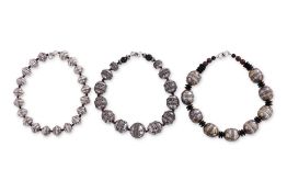 THREE SILVER BEAD NECKLACES