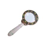 AN ENAMELLED SILVER AND JADE MAGNIFYING GLASS