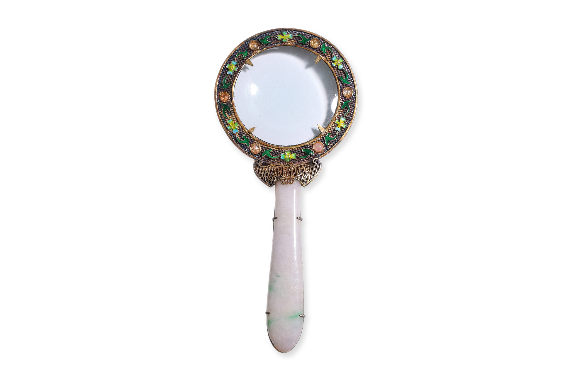 AN ENAMELLED SILVER AND JADE MAGNIFYING GLASS - Image 2 of 4