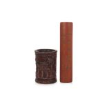 A BAMBOO BRUSH POT AND WRIST REST