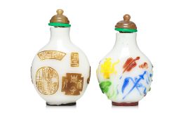 TWO OPAQUE WHITE AND MULTI-COLOURED OVERLAY GLASS SNUFF BOTTLES