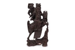 A LARGE HARDWOOD AND WIRE INSET THREE KINGDOMS CARVING