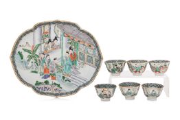 A FAMILLE VERTE PORCELAIN TRAY AND SIX TEA BOWLS
