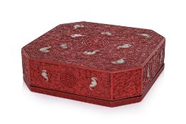A LARGE JADE INSET CARVED CINNABAR LACQUER TABLE BOX