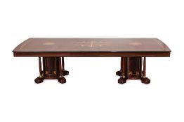 A LARGE ITALIAN MARQUETRY TWIN PEDESTAL DINING TABLE