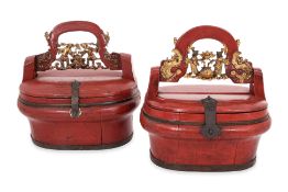 A NEAR PAIR OF RED LACQUERED WEDDING BASKETS