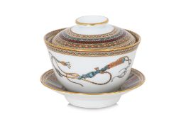 AN HERMÈS CHEVAL D’ORIENT TEA BOWL, COVER AND STAND