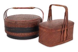 TWO WOVEN RATTAN TIFFIN BASKETS